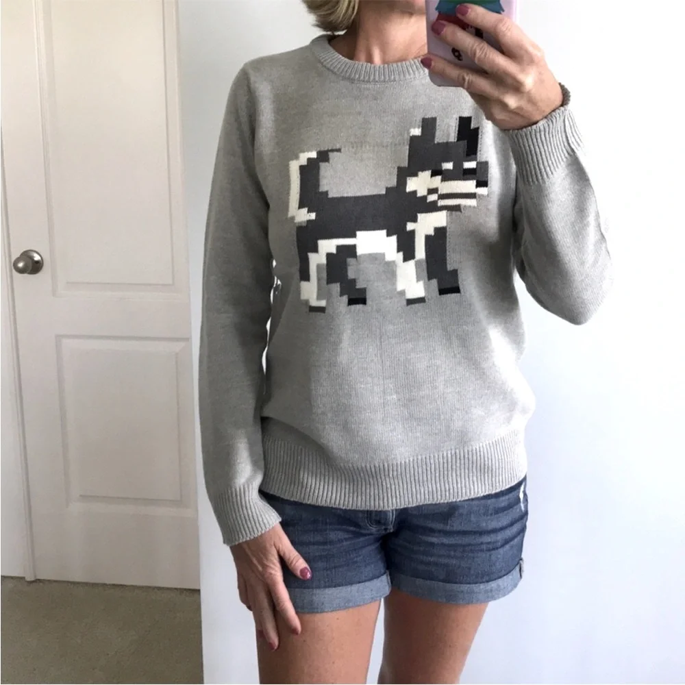 Grey Pixel Dog Pullover Sweater - Picture 2 of 6